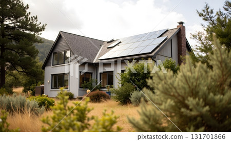 Modern Eco-Friendly Home with Solar Panels and Natural Surroundings in Scenic Landscape 131701866