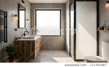 Modern Minimalist Bathroom Design with Natural Light, Elegant Fixtures, and Neutral Tones 131701867