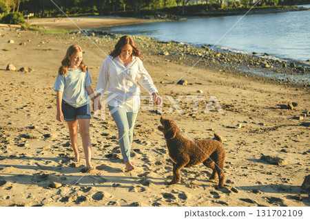 brown portuguese water dog outdoors on the beach with mother and daughter 131702109