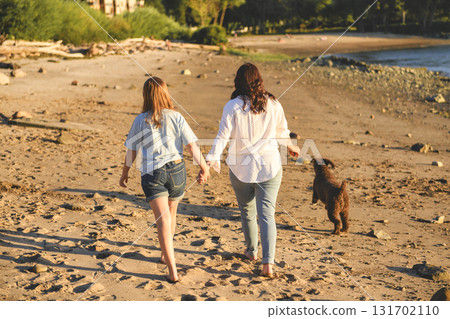 brown portuguese water dog outdoors on the beach with mother and daughter brown portuguese water dog outdoors on the beach with mother and daughter 131702110