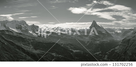 Black and white panorama of the Matterhorn from Blauherd, Switzerland Black and white panorama of the Matterhorn from Blauherd, Switzerland 131702256