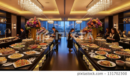 Luxury Hotel Buffet Dinner with City View and Elegant Lighting 131702308