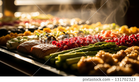 Grilled Salmon and Vegetables on Buffet Tray with Warm Light 131702323