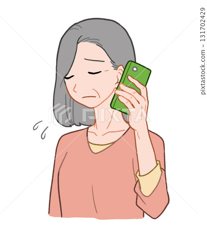 一位憂鬱的老年婦女在智慧型手機上聊天。手繪插圖 一位憂鬱的老年婦女在智慧型手機上聊天。手繪插圖 131702429