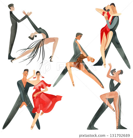 Five pairs of sport ballroom dancers dancing Latin. Characters. Isolated watercolor illustration for advertising a dance studio or a diploma at a competition. 131702689
