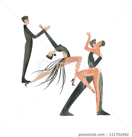 Two pairs of dancers performing Latin American ballroom dance routine. Show. Characters. Isolated watercolor illustration for dance studio. Two pairs of dancers performing Latin American ballroom dance routine. Show. Characters. Isolated watercolor illustration for dance studio. 131702692