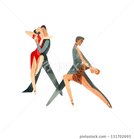 Two pairs of dancers performing Latin American ballroom dance routine. Show. Characters. Isolated watercolor illustration for dance studio. 131702693