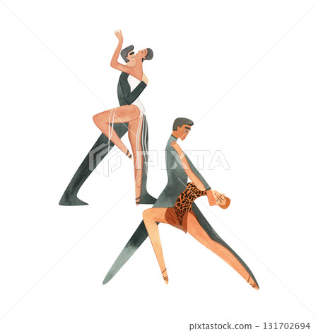 Two pairs of dancers performing Latin American ballroom dance routine. Show. Characters. Isolated watercolor illustration for dance studio. 131702694