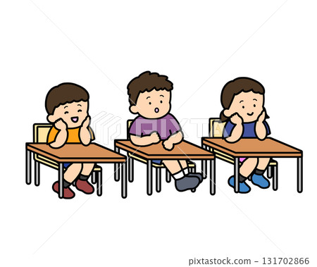 Three Asian children listening to a lesson, no hands raised, desks 131702866