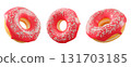 Donuts with red fruit glaze, sprinkles, white drizzle, and dots isolated on white transparent background 131703185