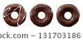 Donuts with chocolate glaze, sprinkles, white drizzle, and dots isolated on white transparent background 131703186