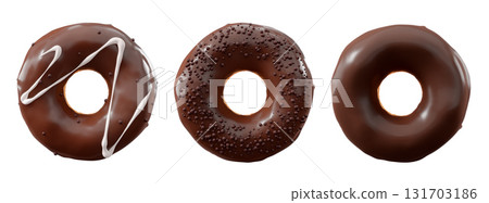 Donuts with chocolate glaze, sprinkles, white drizzle, and dots isolated on white transparent background 131703186