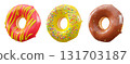 Donuts with chocolate glaze, sprinkles, white drizzle, and dots isolated on white transparent background 131703187