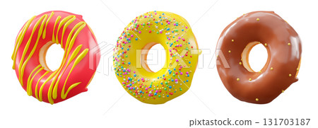 Donuts with chocolate glaze, sprinkles, white drizzle, and dots isolated on white transparent background 131703187