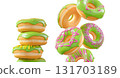 Donuts with green kiwi glaze, sprinkles, white drizzle, and dots isolated on white transparent background 131703189