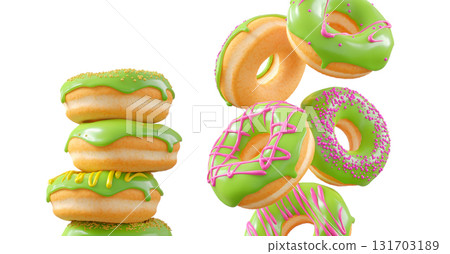 Donuts with green kiwi glaze, sprinkles, white drizzle, and dots isolated on white transparent background Donuts with green kiwi glaze, sprinkles, white drizzle, and dots isolated on white transparent background 131703189