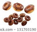 Donuts with chocolate glaze, sprinkles, white drizzle, and dots isolated on white transparent background 131703190