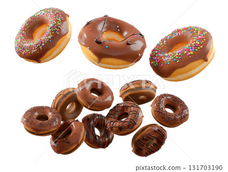 Donuts with chocolate glaze, sprinkles, white drizzle, and dots isolated on white transparent background 131703190
