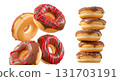 Donuts with chocolate glaze, sprinkles, white drizzle, and dots isolated on white transparent background 131703191
