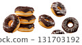 Donuts with chocolate glaze, sprinkles, white drizzle, and dots isolated on white transparent background 131703192