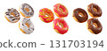 Assorted donuts with colorful icing, sprinkles, and chocolate isolated on white transparent background 131703194