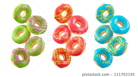 Assorted donuts with colorful icing, sprinkles, and chocolate isolated on white transparent background 131703195