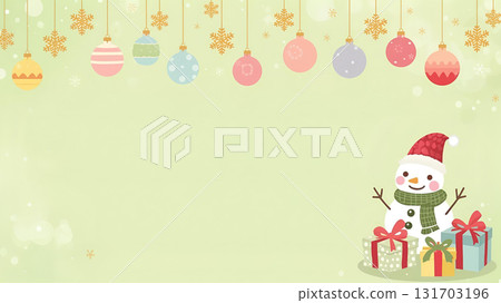 Cute winter background illustration of a snowman and Christmas ornaments / present, pastel colors, seasonal background illustration Cute winter background illustration of a snowman and Christmas ornaments / present, pastel colors, seasonal background illustration 131703196