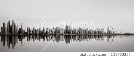 Monochrome city skyline with tall skyscrapers reflecting on calm water under a cloudy sky, Dubai Marina bay UAE 131703235
