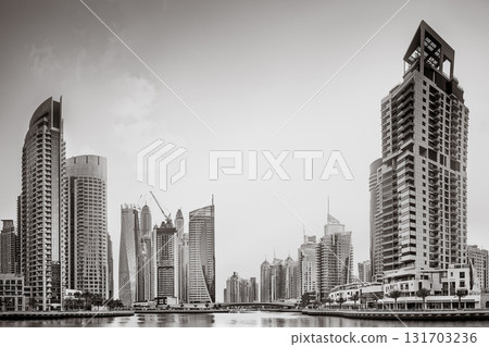 View of Dubai Marina bay with yacht, Dubai, UAE 131703236