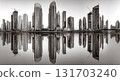 Skyscrapers and Urban city skyline over water, black and white style, city background, Dubai Marina bay UAE 131703240