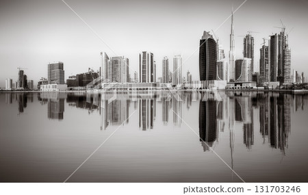 Monochrome city skyline with tall skyscrapers reflecting on calm water under a cloudy sky, Dubai Marina bay UAE 131703246
