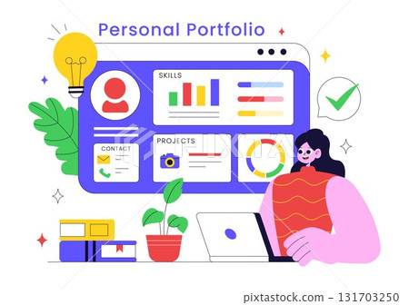 Personal Portfolio Vector Illustration with Profile Information, Resume, and Self Improvement Concept to Attract Clients and Employers in Background 131703250