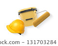Construction helmet, paint roller, brush and paint bucket isolated on white background, representing painting and renovation tools 131703284