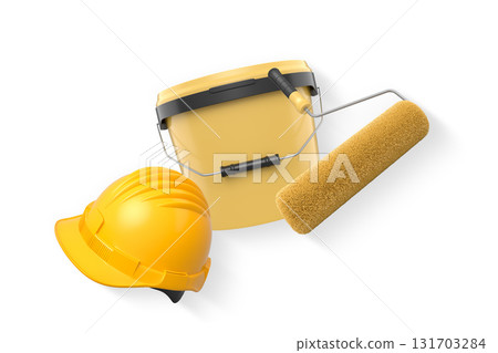 Construction helmet, paint roller, brush and paint bucket isolated on white background, representing painting and renovation tools Construction helmet, paint roller, brush and paint bucket isolated on white background, representing painting and renovation tools 131703284