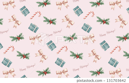 A gentle Christmas background seamless pattern/presents, candy canes, and ribbons 131703642