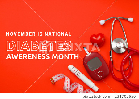 Red background with diabetes-related tools and symbols 131703650