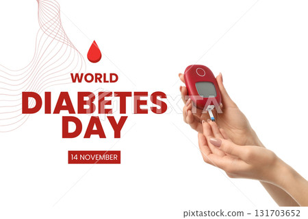 Hands hold a blood glucose meter with a red drop symbol 131703652