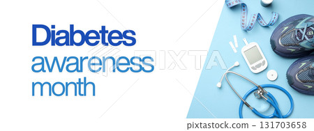 Medical devices and running shoes on a blue background Medical devices and running shoes on a blue background 131703658