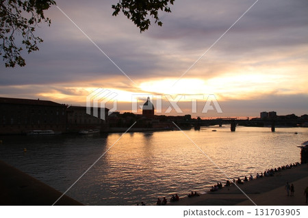 Garonne River and Abbey in Toulouse at sunset 131703905