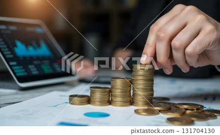 Investment Growth Concept with Stacked Coins and Financial Charts in Background 131704130