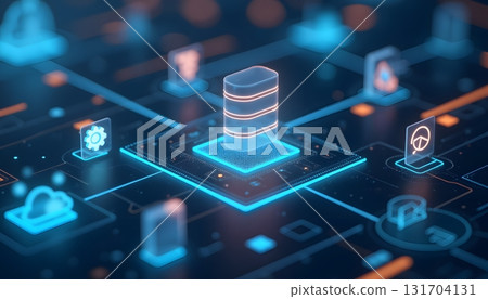 Futuristic Data Technology Concept with Digital Icons and Database Structure 131704131