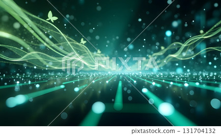 Abstract Digital Landscape with Flowing Lines and Glowing Particles in Green Hues 131704132