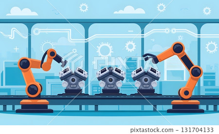 Futuristic Robotic Arms Assembling Devices in a Modern Factory Environment Futuristic Robotic Arms Assembling Devices in a Modern Factory Environment 131704133