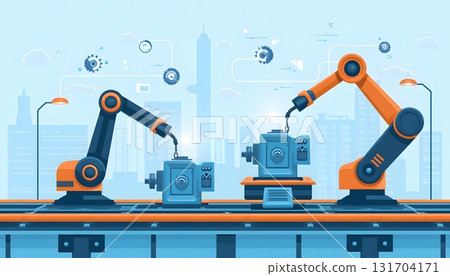Industrial Automation Concept with Robotic Arms in Production Line Setting Industrial Automation Concept with Robotic Arms in Production Line Setting 131704171
