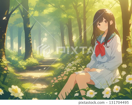 Illustration of a cute girl sitting in the forest Illustration of a cute girl sitting in the forest 131704495
