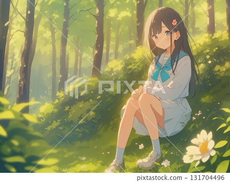 一個可愛的女孩坐在森林裡的插圖 131704496