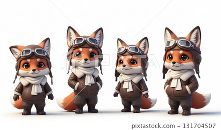 Cute Fox Mascots in a Row  Kawaii Vector Collection 131704507
