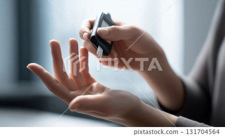 Person checks blood glucose levels indoors, created AI 131704564