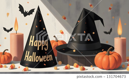Halloween Celebration with Festive Hats, Pumpkins, Candles, and Spooky Elements 131704673