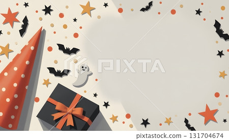 Festive Halloween Background with Bats, Ghosts, Stars, and Party Decorations 131704674